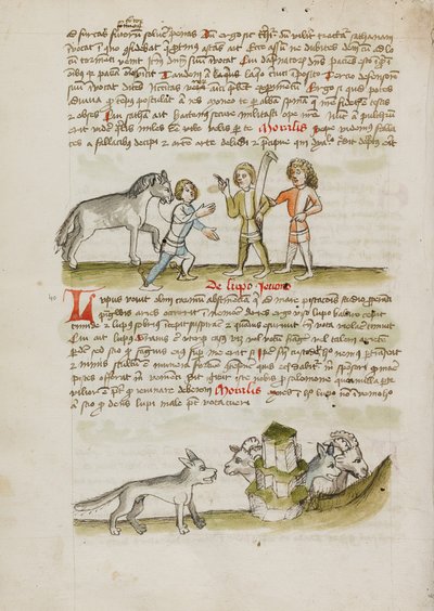 Un hombre guiando un caballo a otros dos hombres; un lobo ante un rebaño de ovejas y carneros de Unknown artist/maker