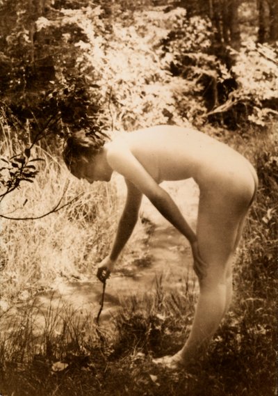 Una mujer joven, desnuda en el bosque, vista de perfil mientras se agacha para meter una rama en un arroyo. de Unknown photographer