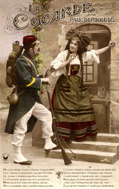 Embargo de Alsacia Lorena durante la Primera Guerra Mundial: Soldado francés y mujer alsaciana conversando. Tarjeta postal 1914-1918. de Unknown photographer