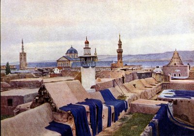 Tejidos de algodón azul puestos a secar en los techos de los tintoreros en Damasco (Siria) de Unknown photographer