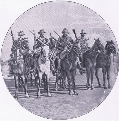 Bóers armados con rifles y paraguas, de Después de Pretoria: La Guerra de Guerrillas publicada por Harmsworth Bros Limited de Unknown photographer
