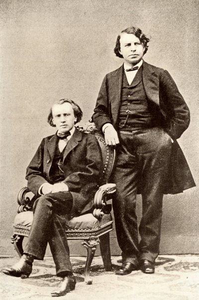 Johannes Brahms (1833-1897) compositor alemán, sentado, con Joseph Joachim (1831-1907) violinista y compositor húngaro, y director del Conservatorio de Berlín. Medios tonos de una fotografía (impresión) de Unknown photographer