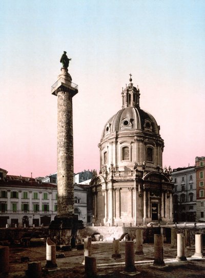 Roma. Vista del Foro Trajano con columna. Fotocromo sd. hacia 1900. Fotocromo de Unknown photographer