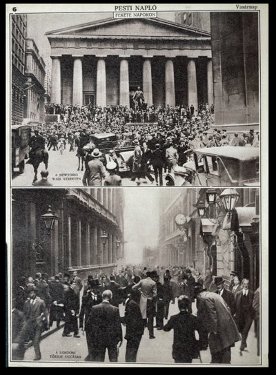 Arriba: Días negros en Wall Street; Abajo: la Bolsa de Londres en el momento del crack de 1929, de "Pesti Naplo". de Unknown photographer
