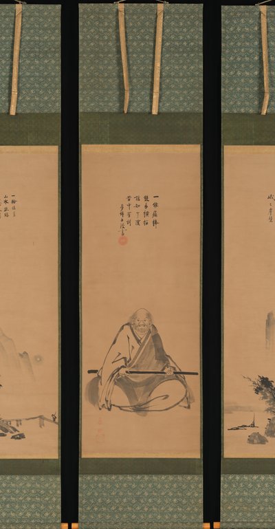 Maestro Zen con Bastón de Meditación y Paisajes de Estilo Chino, probablemente finales de 1620s-1644 de Unkoku Toeki