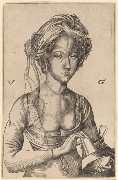Figura de busto de una virgen necia sosteniendo su lámpara invertida de Urs Graf I after Martin Schongauer