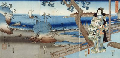 El Príncipe Genji observando en la Playa de Suma de Utagawa  Hiroshige and Kunisada