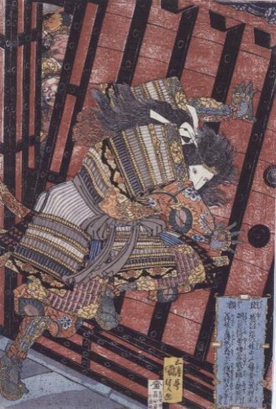 Hangaku defendiendo la puerta, c.1830 de Utagawa Kunisada