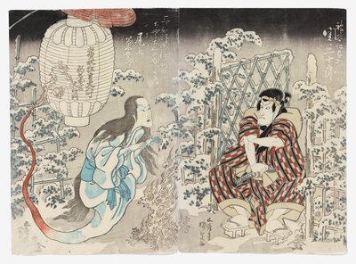 Seki Sanjūrō II como Kamiya Niemon y Onoe Kikugorō III de Kamigata (Kudari) como el Fantasma de la Linterna, Aplaudido en las Tres Ciudades (Sanganotsu gohyōban no chōchin no yūrei). de Utagawa (1786 1865) Kunisada