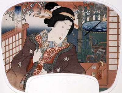 Primavera, Yoshi-cho; Una geisha en un jardín, diseño para un abanico de un conjunto de cuatro que ilustran las estaciones de Utagawa Kunisada