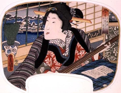 Invierno, estanque Shinobazu; una geisha practicando una balada, diseño para un abanico de un conjunto de cuatro que ilustran las estaciones de Utagawa Kunisada