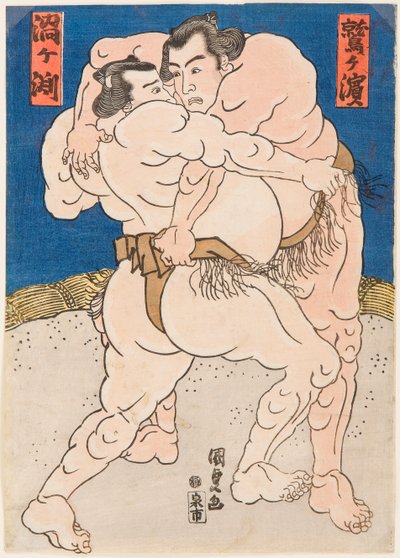 Combate de los luchadores de sumo Uzugafuchi y Washigahama de Utagawa Kunisada