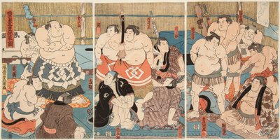 Combate de los luchadores de sumo Shitaky Beya y Hidenoyama de Utagawa Kunisada