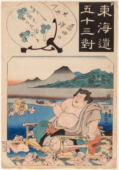 El río Oi (cruzado por un luchador de sumo sentado en una silla de palanquín) de Utagawa Kunisada