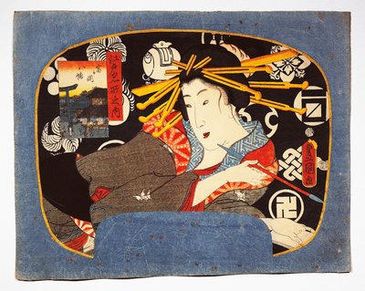 Cortesana con pipa larga, templo Hachiman en el recuadro a la izquierda de Utagawa Kunisada