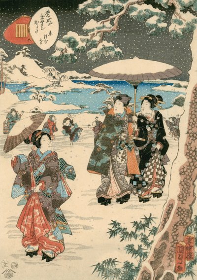 Figuras con sombrillas en la nieve (escena de El cuento de Genji) (xilografía en color sobre papel) de Utagawa (1786 1865) Kunisada
