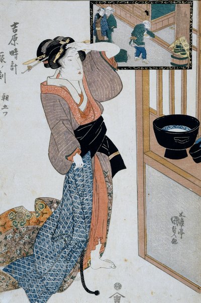 Hora del tigre, séptima hora de la mañana, ca 1818, xilografía de arte Ukiyo-e por Utagawa Kunisada de Las doce horas en Yoshiwara, xilografía Oban-tate-e, civilización japonesa de Utagawa Kunisada