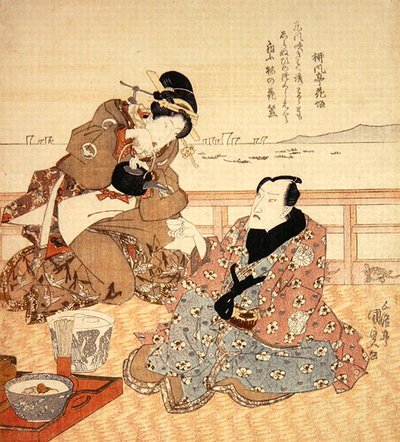 Onoe Kikugoro III tomando té en Shinagawa, c.1825 de Utagawa Kunisada