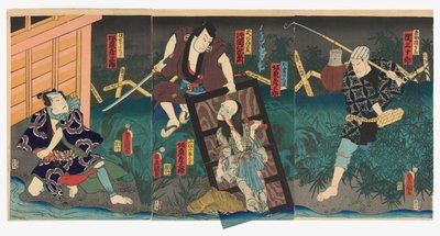 Seki Sanjūrō III como Naosuke Gonbei (D), Kataoka Nizaemon VIII como Tamiya Iemon (C) y Bandō Hikosaburō V tanto como el Fantasma de Oiwa (Oiwa no bōrei) y el Fantasma de Kobotoke Kohei (Kobotoke Kohei bōrei) (C), y Bandō Hikosaburō V como Satō Yomoshichi  de Utagawa (1786 1865) Kunisada