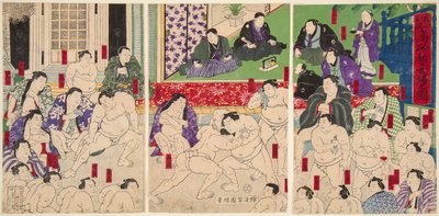 La escuela de lucha sumo Takasago Beya de Utagawa  Kuniaki
