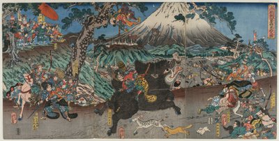 Imagen de la caza de Minamoto no Yoritomo en las laderas del monte Fuji, mediados de 1840s de Utagawa