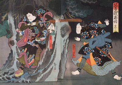 Actores en los papeles de Ettyujiro y Kagekiyo en "Soga Monogatari" (xilografía en color) de Utagawa Hirosada