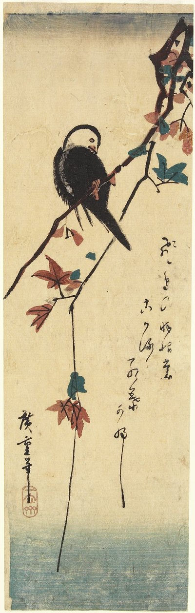 Pájaro en rama de arce, 1830-1858 de Utagawa Hiroshige