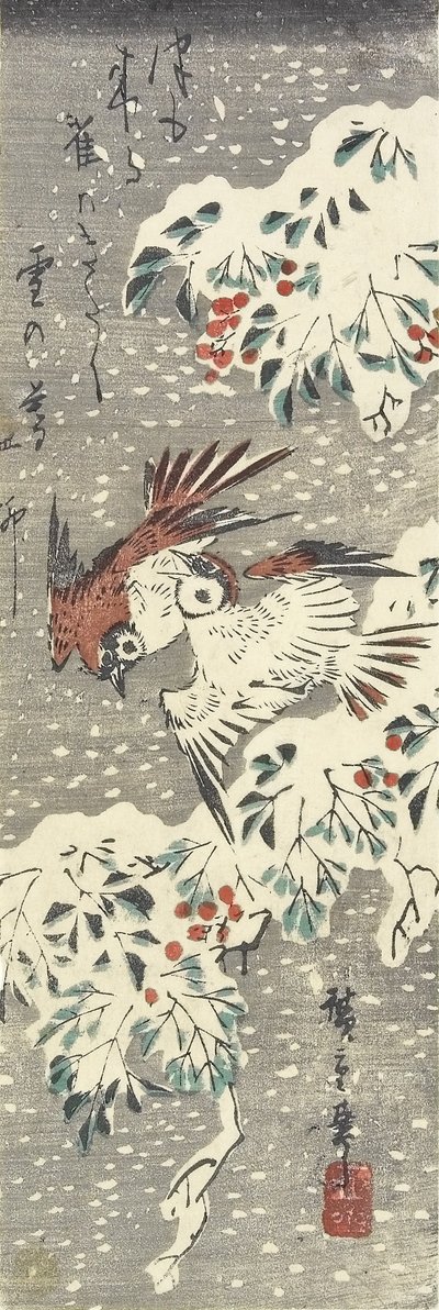 (Bambú Celestial y Gorriones en la Nieve), 1830-1858 de Utagawa Hiroshige