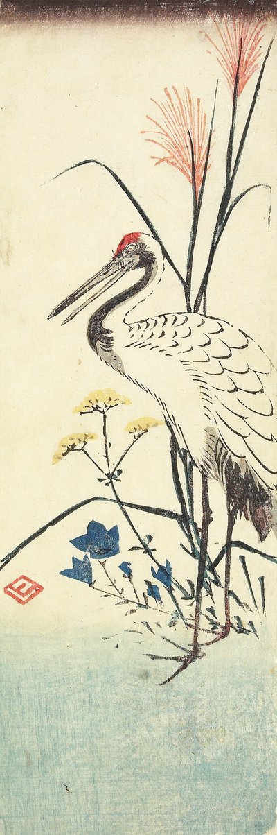 (Hierba de la Pampa, Patrinia, Campanilla China y una grulla), 1830-1858 de Utagawa Hiroshige