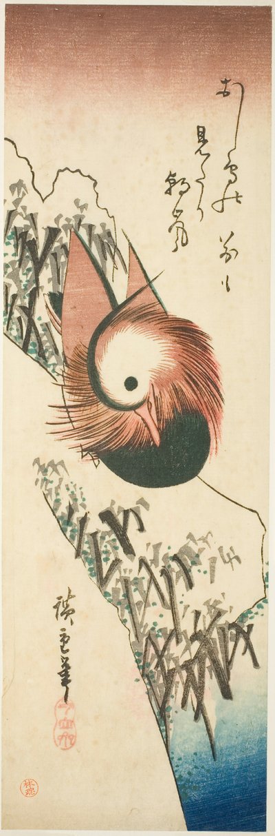 Un pato mandarín en una orilla nevada de Utagawa Hiroshige