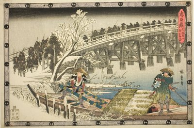 Acto 11, Parte 1: El acercamiento al ataque nocturno, de la serie "La venganza de los vasallos leales" de Utagawa Hiroshige