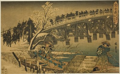 Acto 11, Parte 1: El acercamiento al ataque nocturno, de la serie "La venganza de los leales retenedores (Chushingura)" de Utagawa Hiroshige