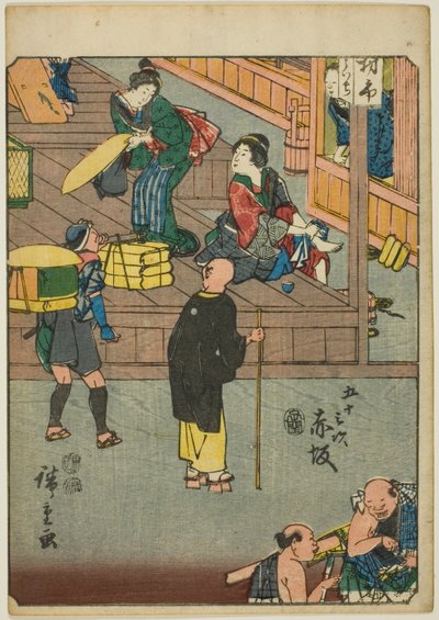Akasaka, de la serie "Cincuenta y tres estaciones [del Tokaido] (Gojusan tsugi)," también conocida como el Tokaido de figuras (Jinbutsu Tokaido) de Utagawa Hiroshige