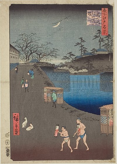 Cuesta de Aoi, Afuera de la Puerta de Tora (Toranomon-soto Aoizaka), No.113 de la serie "Cien Vistas Famosas de Edo (Meisho Edo hyakkei)" de Utagawa Hiroshige