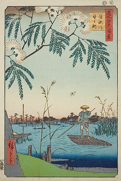 Río Ayase y Kanegafuchi (Ayasegawa Kanegafuchi), nº 63 de la serie "Cien vistas famosas de Edo (Meisho Edo hyakkei)". de Utagawa Hiroshige