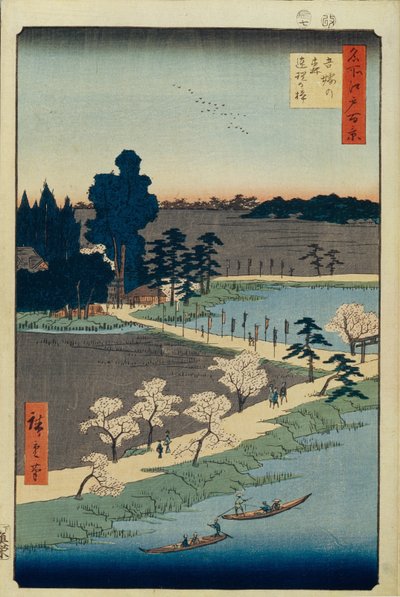 Santuario Azuma no mori y el alcanfor entrelazado Cien vistas famosas de Edo, 1856-1858 de Utagawa Hiroshige