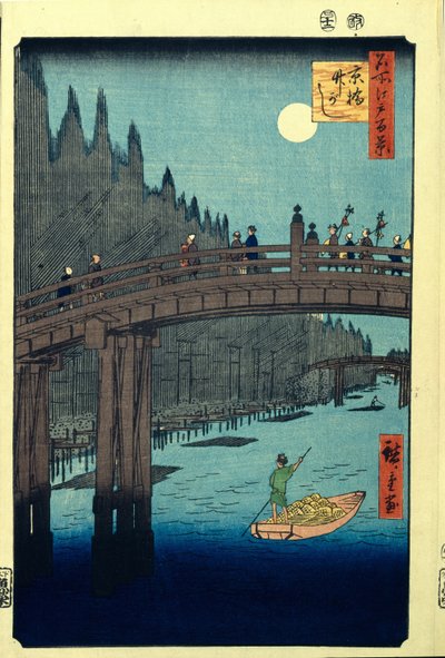 Muelle de Bambú por el Puente Kyobashi. Cien vistas famosas de Edo, c. 1858 de Utagawa Hiroshige