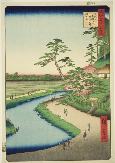 Cabaña de Basho en la colina de la camelia junto al acueducto de Sekiguchi (Sekiguchi josui-bata Bashoan Tsubakiyama), de la serie "Cien vistas famosas de Edo (Meisho Edo hyakkei)". de Utagawa Hiroshige