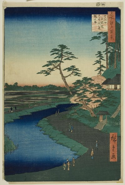 Cabaña de Basho en la colina de la camelia junto al acueducto de Sekiguchi, de la serie "Cien vistas famosas de Edo (Meisho Edo hyakkei)". de Utagawa Hiroshige