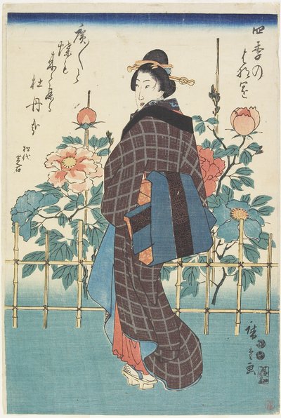 Belleza en el jardín de peonías, 1847-1852 de Utagawa Hiroshige