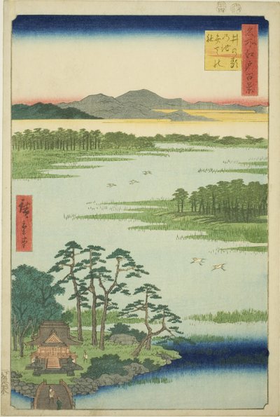 Santuario Benten y estanque Inokashira (Inokashira no ike Benten no yashiro), de la serie "Cien vistas famosas de Edo (Meisho Edo hyakkei)" de Utagawa Hiroshige