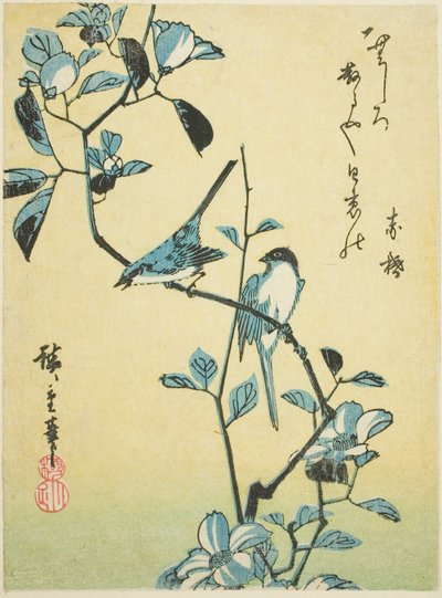 Pájaros en una rama de camelia de Utagawa Hiroshige