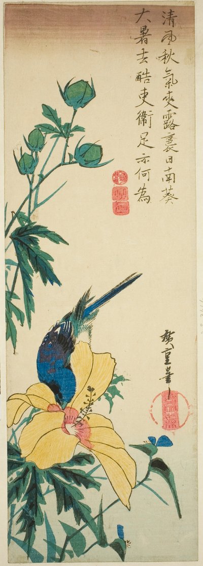 Pájaro azul y hibisco de Utagawa Hiroshige