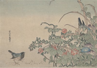Pájaros azules con glorias de la mañana y lespedeza, c.1833 de Utagawa Hiroshige