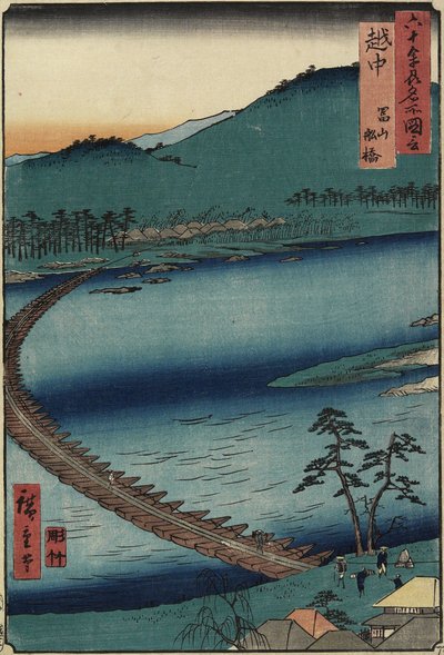 Puente de barcos en Toyama, provincia de Etchu, septiembre de 1853 de Utagawa Hiroshige