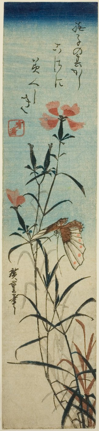 Mariposa y claveles de Utagawa Hiroshige