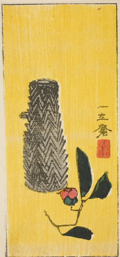 Camellia y cesta, sección de una hoja harimaze sin título de Utagawa Hiroshige
