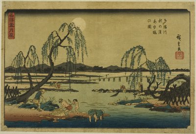 Pescando ayus en el río Tama bajo la luna de otoño (Tamagawa aki no tsuki ayuryo no zu), de la serie "Nieve, luna y flores en lugares famosos (Meisho setsugekka)" de Utagawa Hiroshige
