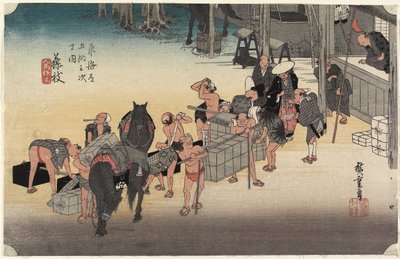 Cambio de Porteadores y Caballos, Fujieda, c. 1833 de Utagawa Hiroshige