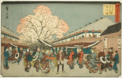 Día de los cerezos en flor en el Nakanocho de Yoshiwara (Yoshiwara Nakanocho Sakura no monbi), de la serie "Lugares famosos en Edo (Edo meisho)" de Utagawa Hiroshige